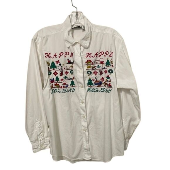 Erika Tops - Erika & Company Vintage White Cotton Holiday Embroidered Shirt Womens Size Large